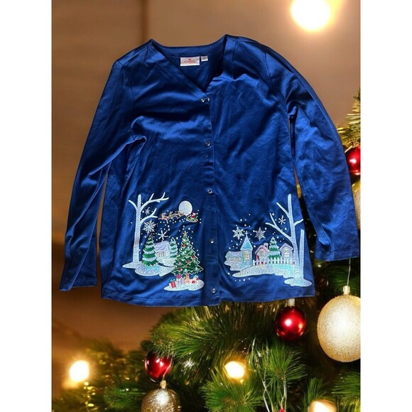 Quacker Factory Womens Christmas Cardigan Santa Claus Trees Sparkly Cute Medium - Picture 2 of 7
